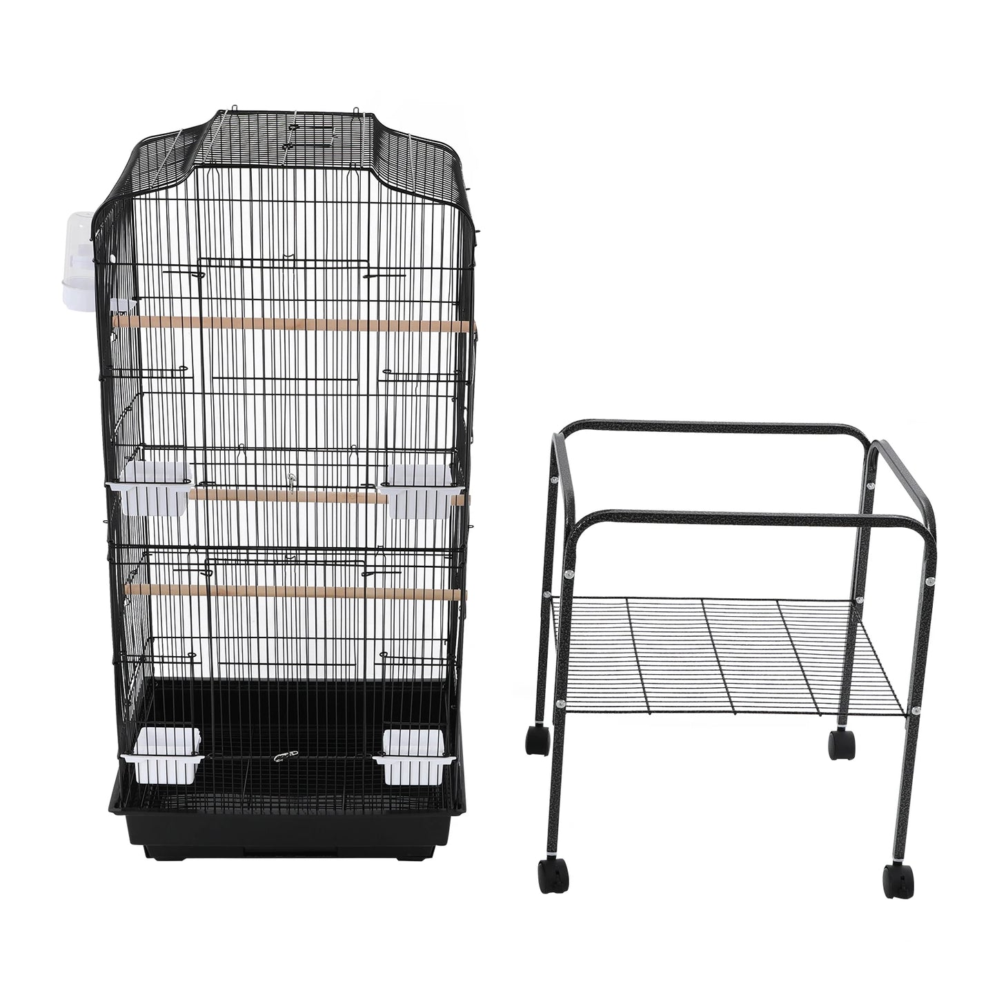 Large Bird Cage with Stand & Wheels, 47x37x137cm Flight Cage for Cockatiels Parrots Finches with Lockable Door (White/Black))