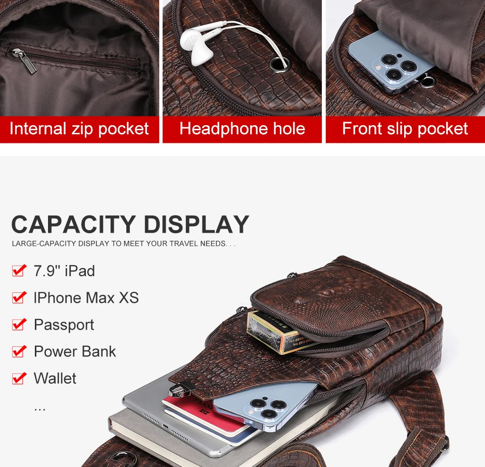 WESTAL Genuine Leather Sling Bag Anti-Thief Crossbody Personal Pocket Bag Chest Shoulder Bag for Travel Hiking Croco Design Bags