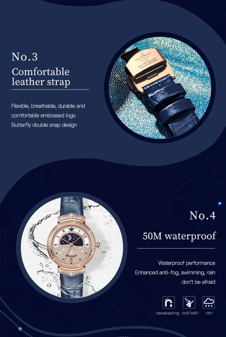 OUPINKE 3216 Woman Watch Waterproof Roman Scale Moon Phase Quartz Watch For Women Luxury Original Diamond Date Ladies Hand Clock