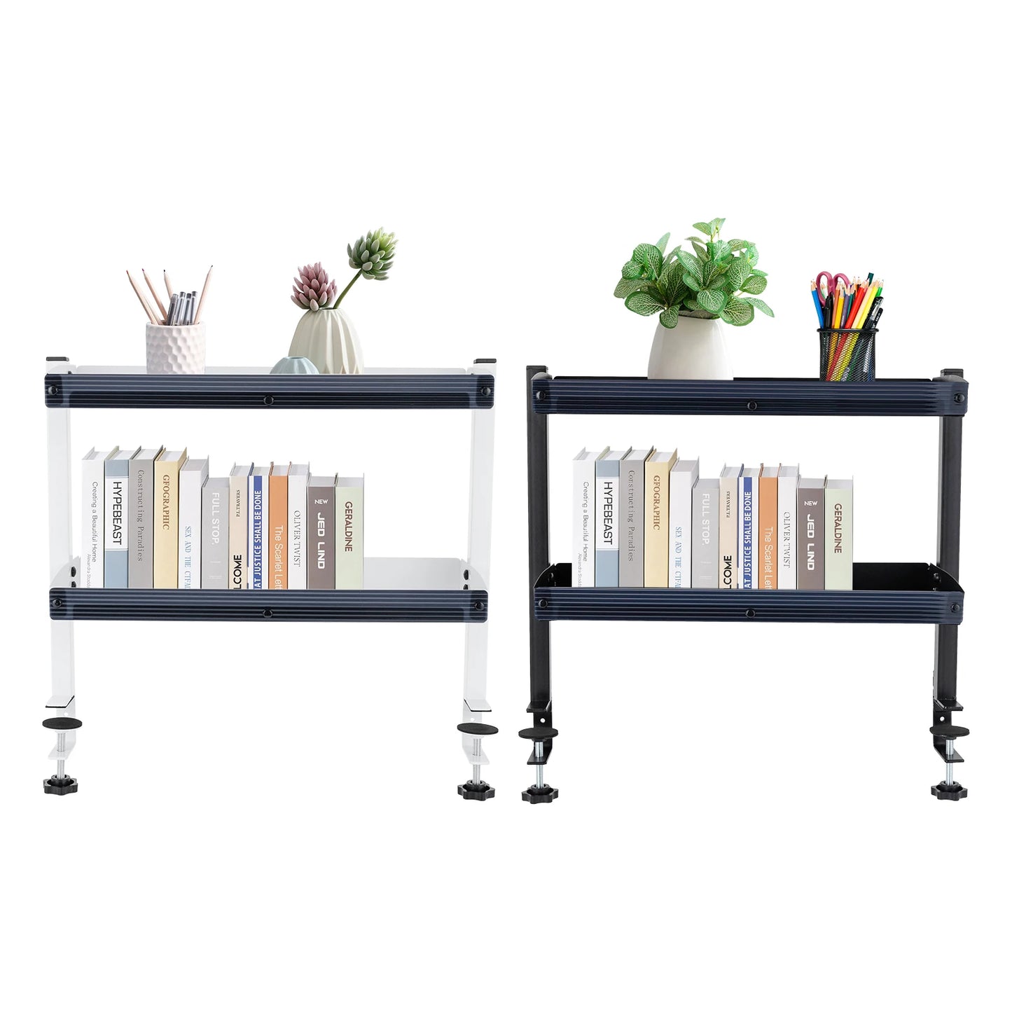 Adjustable 2-Tier Desk Shelf Clamp-On Storage Tray for Displaying Photos Decorations Clip-On Desk Organizer Shelf