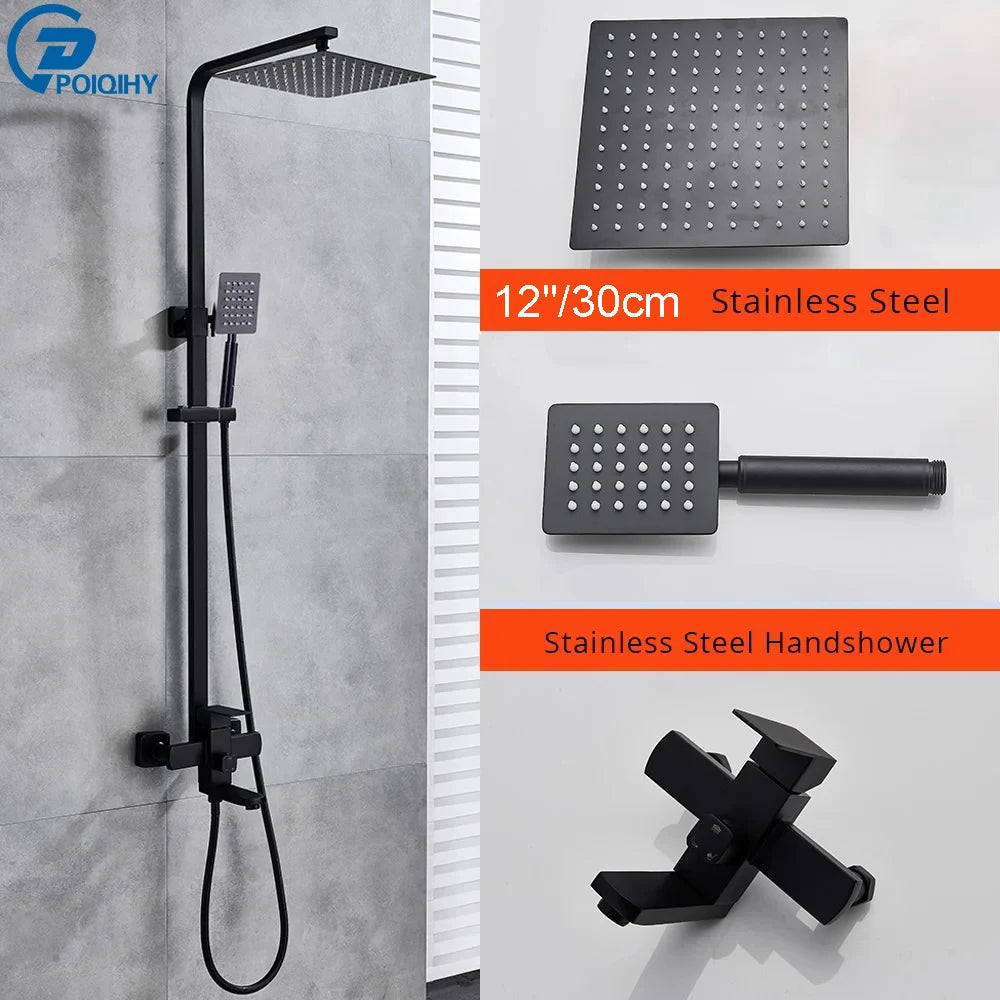 POIQIHY Black Bathroom Shower Faucet Set Wall Mount Black 8''Rainfall Shower Head With Handheld Sprayer Bathtub Shower Mixer