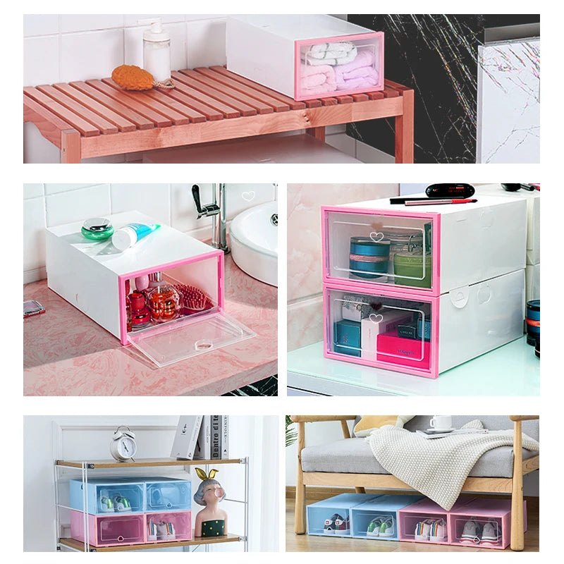 6Packs Transparent Shoe Box Shoes Organizers Plastic Thickened Foldable Dustproof Storage Box Stackable Combined Shoe Cabinet
