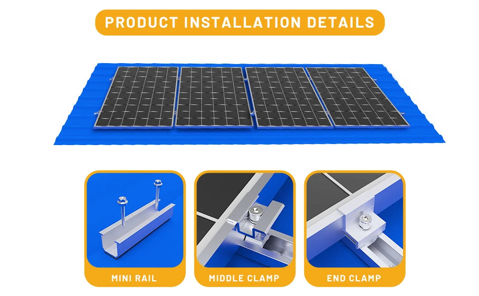 Solar Panel Mount Bracket Kit with 4.72IN/120mm Mini Rails, Middle Clamps, End Clamps and Rubber Pads for Shingle, Slate, Wood
