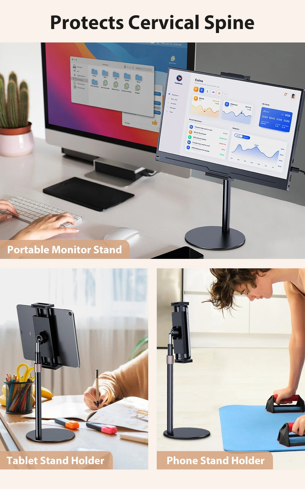 UPERFECT Rotating Portable Monitor Stand Height Adjustable Vesa Monitor Tablet Free Standing Low Profile Desk Mount up to 17.3"