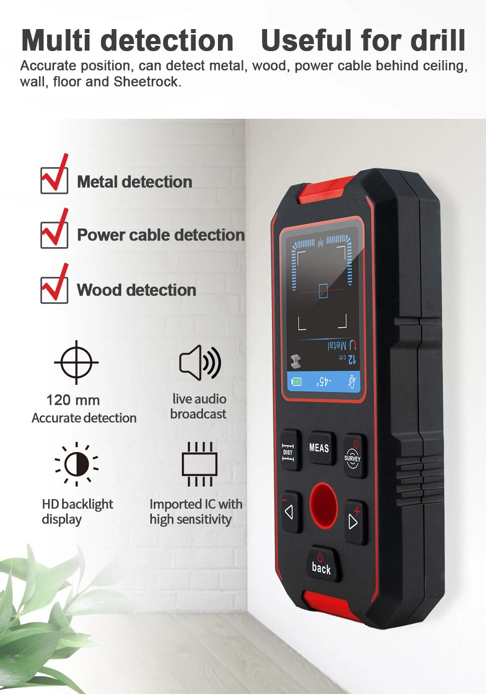 NF-518S Industrial Metal Detectors Metal Detector AC Cable Metal Pipes Rebar Multifunctional Wall Detector With Positioning Hole