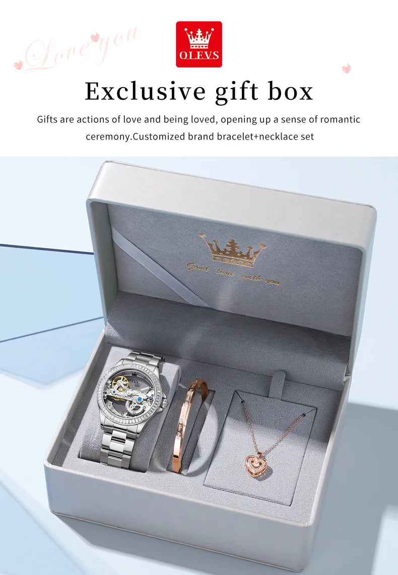 OLEVS 6699 Automatic Mechanical Women's Watch Transparent 40mm Big Dial Design Bracelet Watch Set Gift Luxury Watch for Women