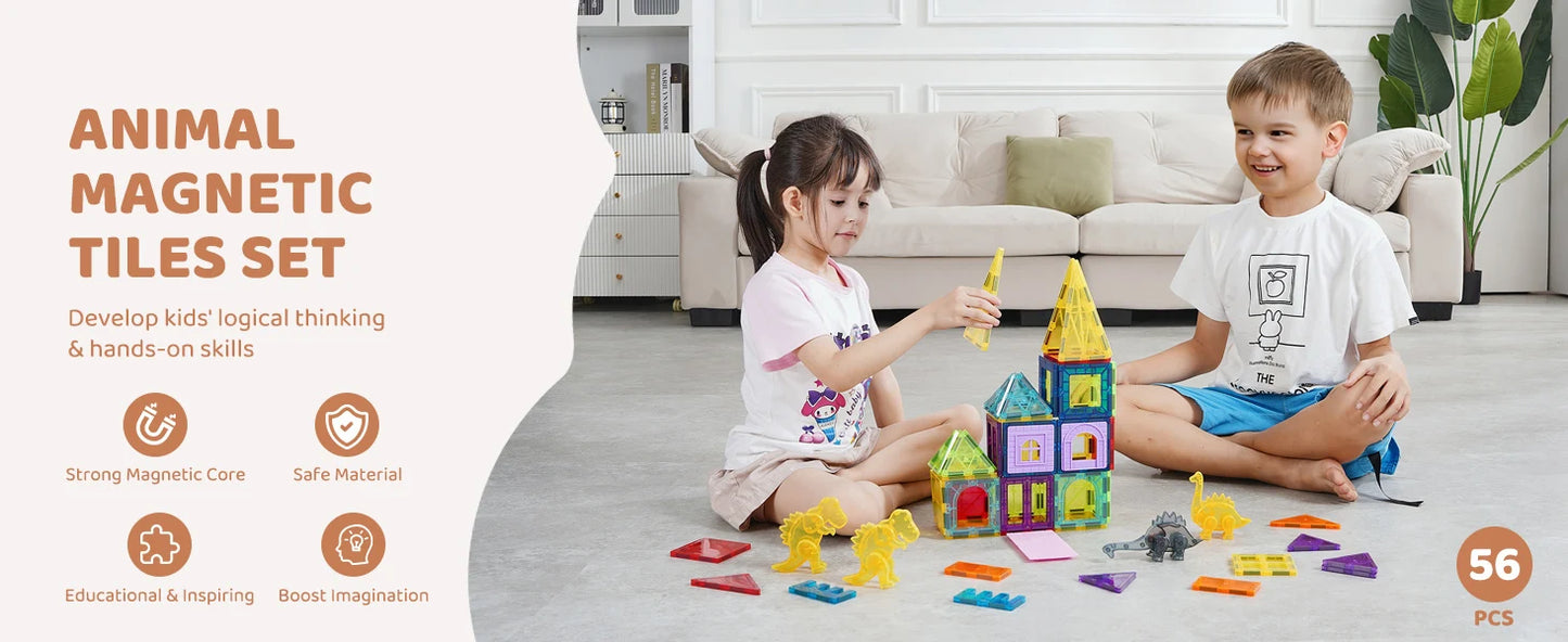 SucceBuy 56PCS Magnetic Tiles Magnet Building Blocks with 4 Dinosaurs Construction Stacking Stem Educational Toys for Kids