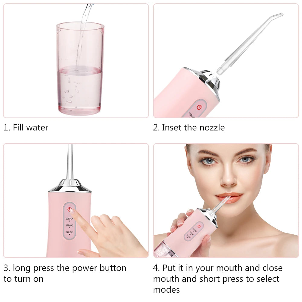 Oral Irrigator Portable Dental Water Flosser USB Rechargeable Water Jet Floss Tooth Pick 4 Jet Tip 220ml 3 Modes Teeth Cleaner ﻿