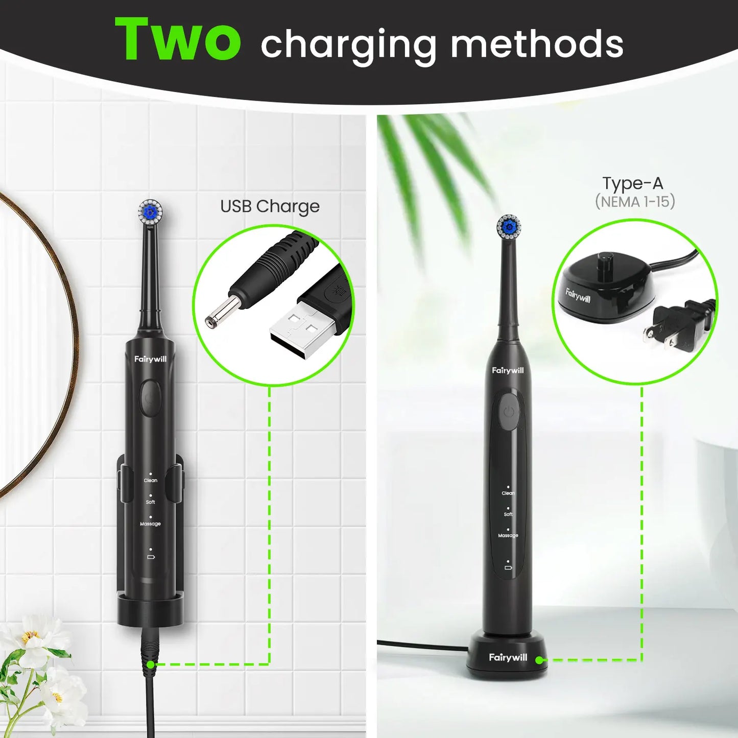 Fairywill Electric Toothbrush T2233Powerful Rotation Cleaning 4 Replacement Heads Rechargeable Sonic Toothbrush for Adults