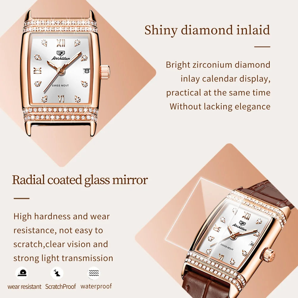 JSDUN Woman Watch Luxury Diamond Dial Comfortable Leather Watchband Fashion Square Rose Gold Quartz Wristwatches Montre Femme