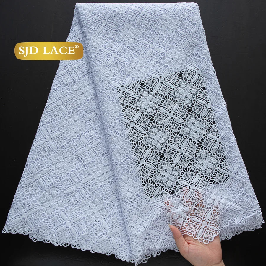 SJD LACE African Sequins Guipure Cord Lace Fabrics 5 Yards White 2026 New Nigerian Water Soluble Lace For Women Dresses Sew 4197