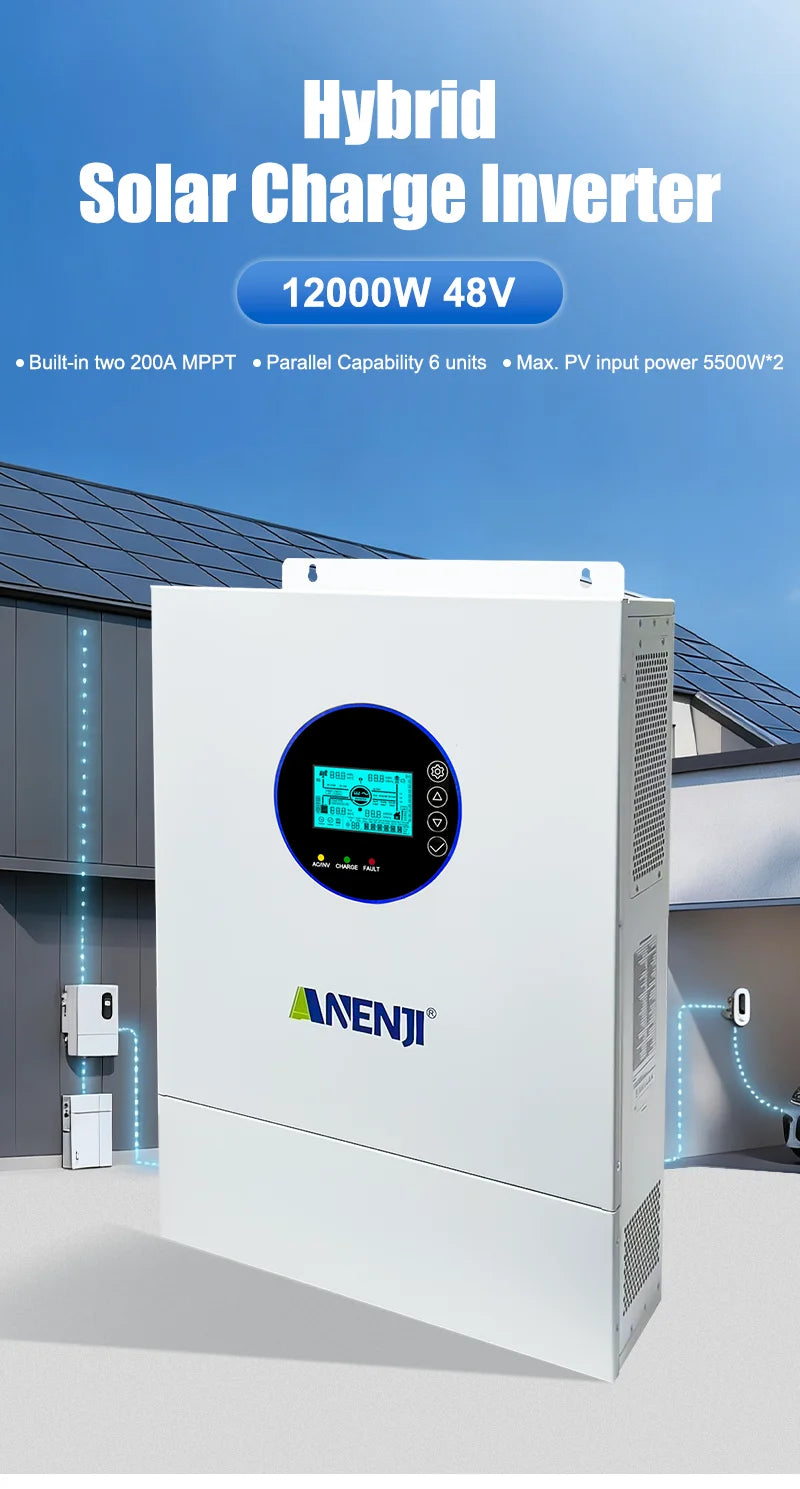 ANENJI Split Phase 12KW 48V Hybrid Solar Inverter 120V 220V Parallel Inverter Pure Sine On Grid MPPT 200A Solar Charger PV 500V