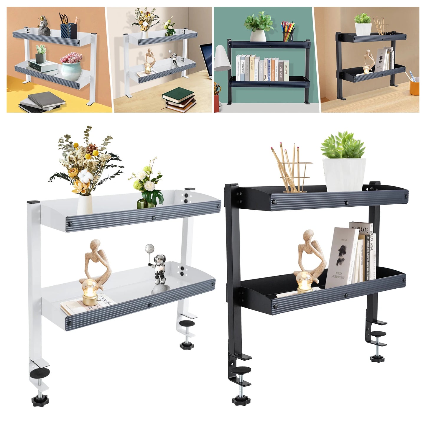 Adjustable 2-Tier Desk Shelf Clamp-On Storage Tray for Displaying Photos Decorations Clip-On Desk Organizer Shelf