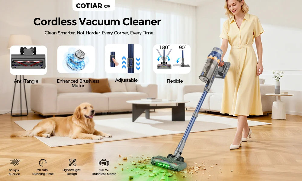 Cotiar 650W 60kPa Vertical Vacuum Cleaner Handheld Home Appliance Cordless Vacuum Cleaner 70 Mins Runtime Multi-functional  S25