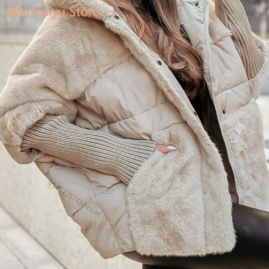 Women's Loose Cotton Coat Faux Fur Patchwork Winter Coat Comfort Chic Long Sleeve Hooded Jacket
