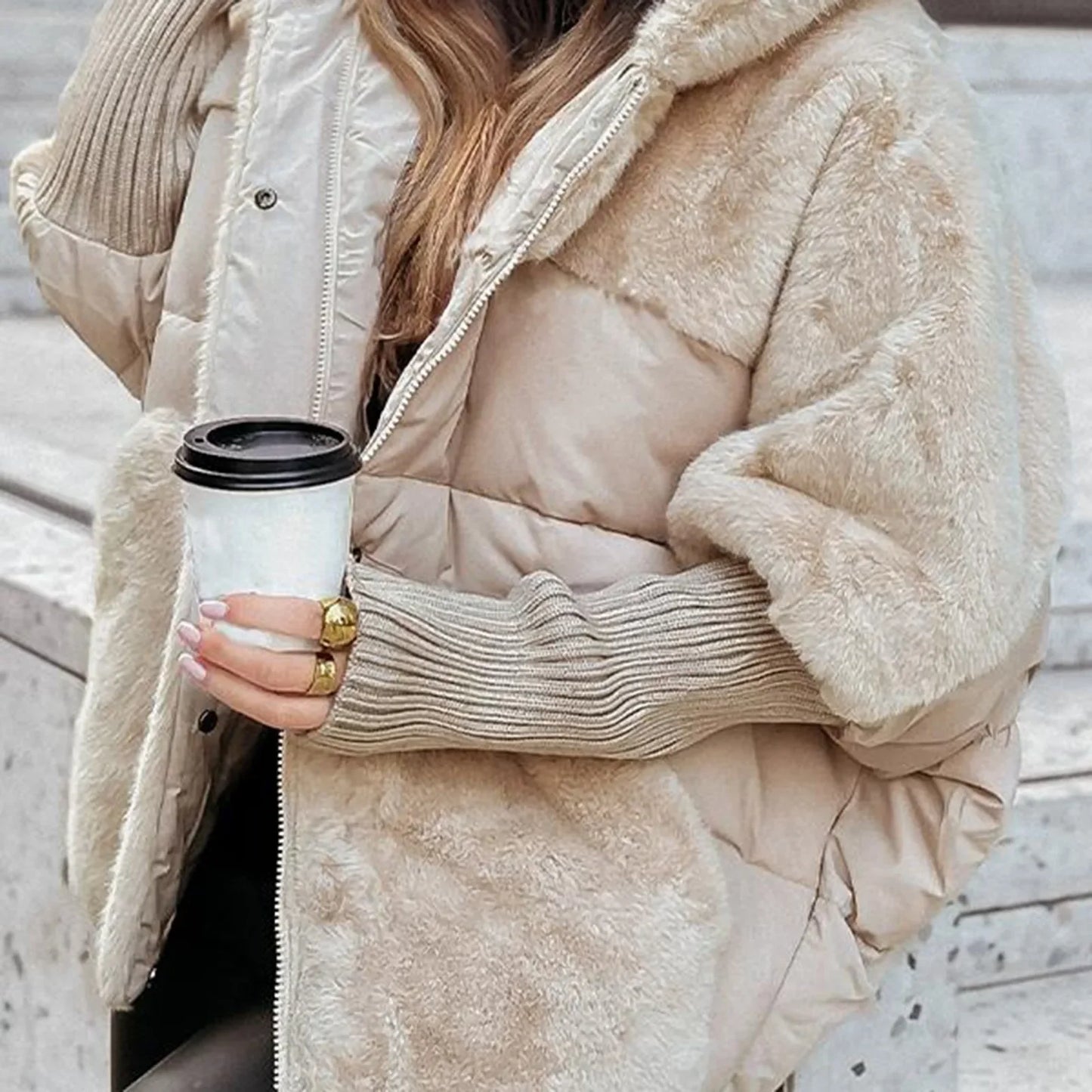 Women's Loose Cotton Coat Faux Fur Patchwork Winter Coat Comfort Chic Long Sleeve Hooded Jacket