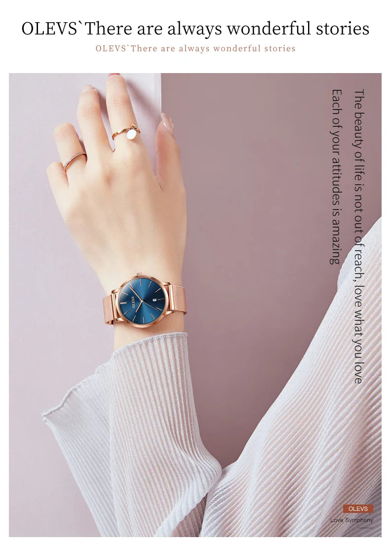 OLEVS Watch Women Rose Gold Top Brand Luxury JAPAN Movement Quartz Ultra Thin Ladies Watch Calendar Date Necklace Watch Set