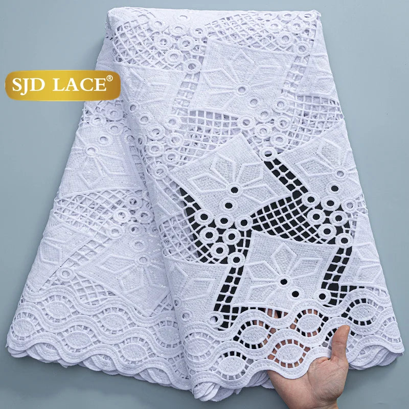 SJD LACE African Sequins Guipure Cord Lace Fabrics 5 Yards White 2026 New Nigerian Water Soluble Lace For Women Dresses Sew 4197