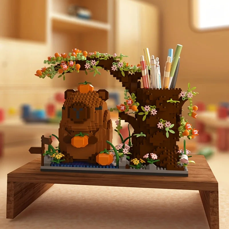 Capybara Building Block Pen Holder Panda Desk Organizer for Office Supplies Cosmetics Birthday Gift Desktop Decoration