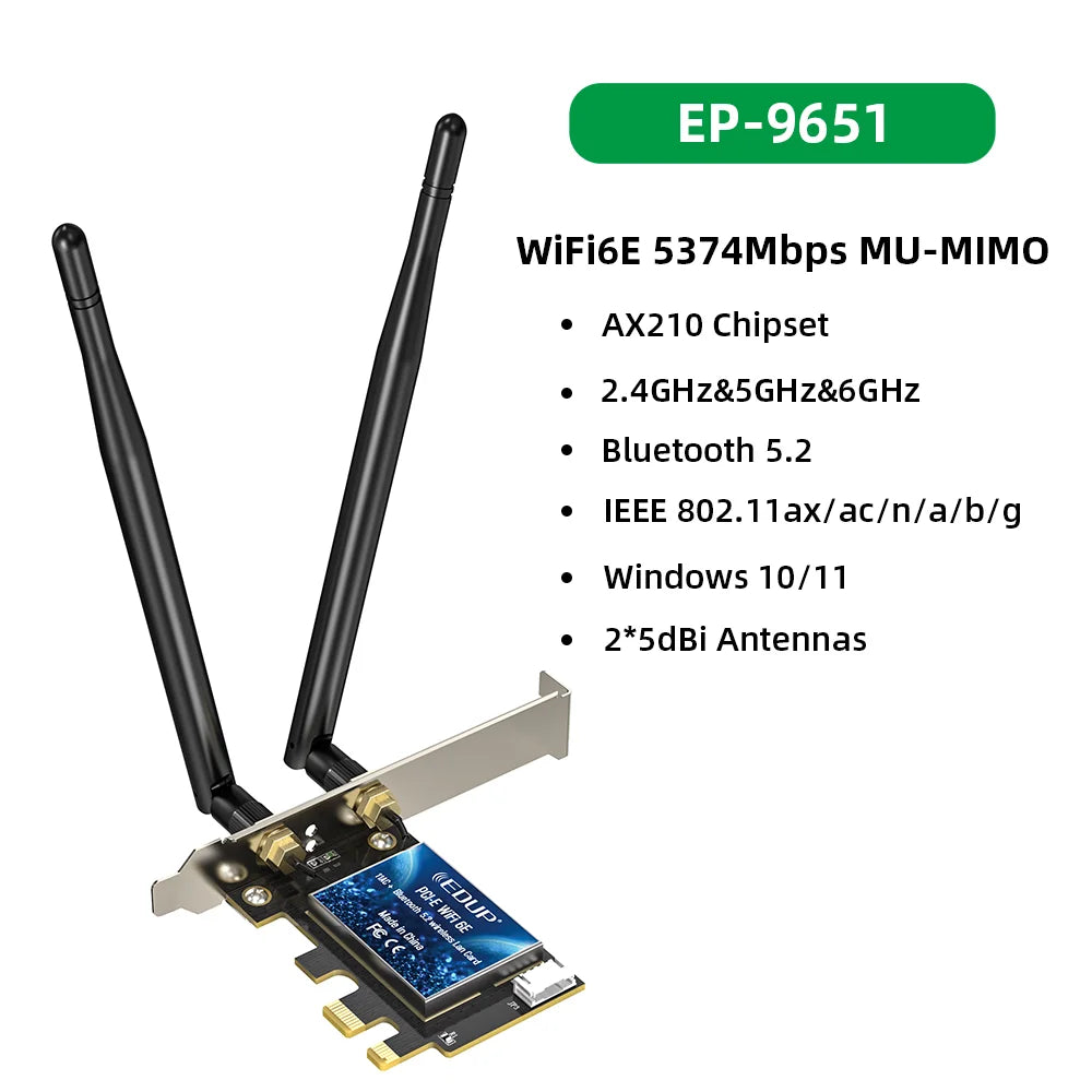 EDUP 5374Mbps WiFi 6E Intel AX210 PCIe Wireless WiFi Adapter PCI Express 2.4G/5G/6GHz 802.11AX Bluetooth5.3 For Desktop Win10/11