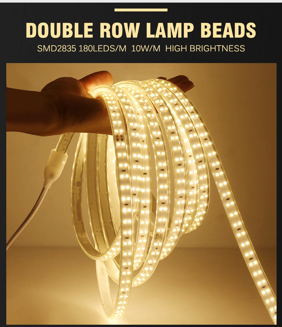 220V LED Strip 2835 High Safety High Brightness 180LEDs/m3000K 4000K 6000K Flexible LED Light Outdoor Waterproof LED Strip Light