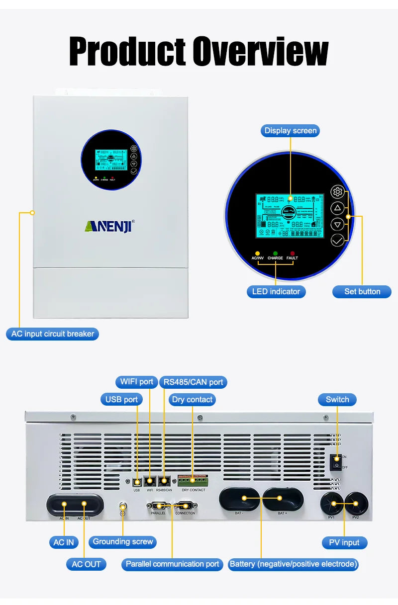 ANENJI Split Phase 12KW 48V Hybrid Solar Inverter 120V 220V Parallel Inverter Pure Sine On Grid MPPT 200A Solar Charger PV 500V