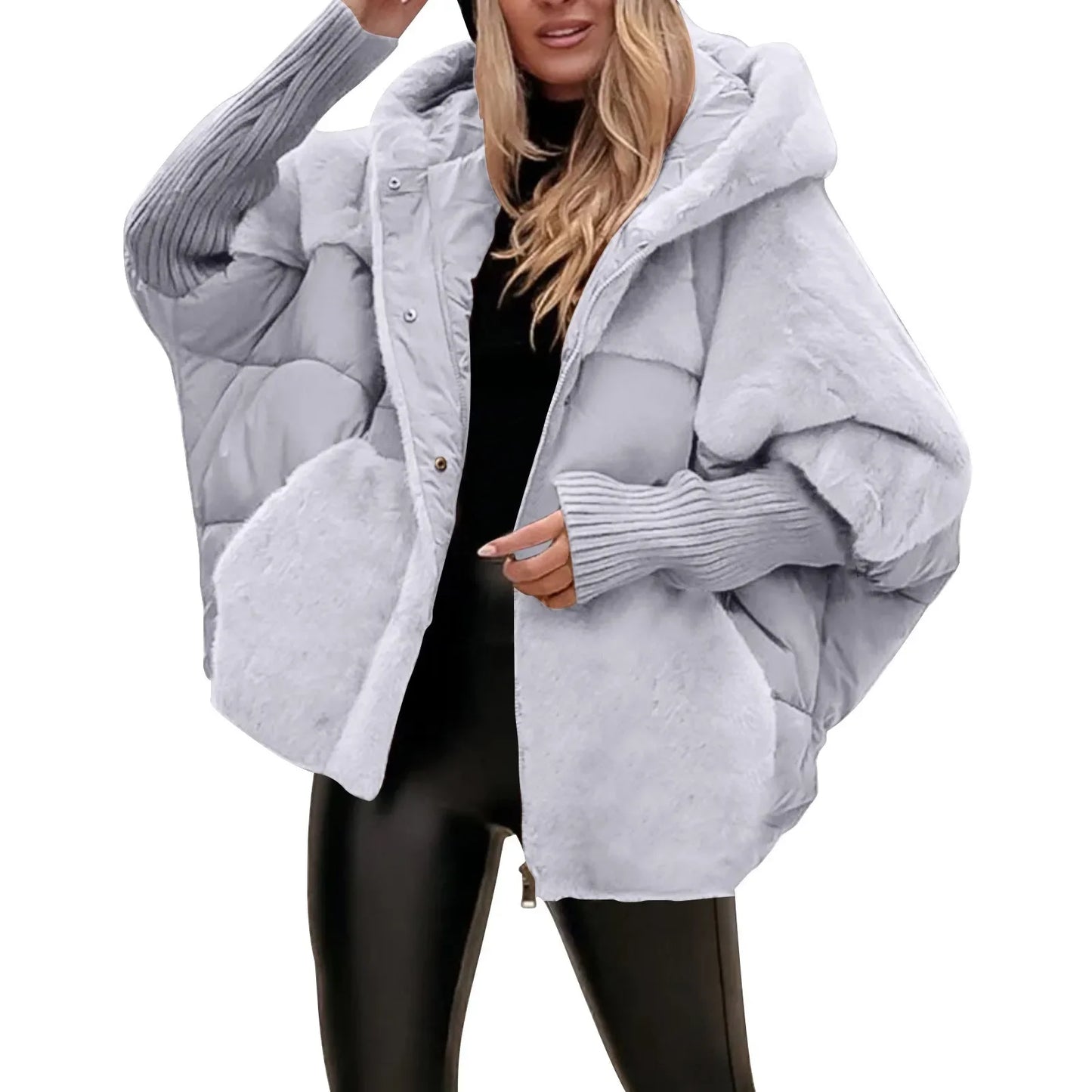 Women's Loose Cotton Coat Faux Fur Patchwork Winter Coat Comfort Chic Long Sleeve Hooded Jacket