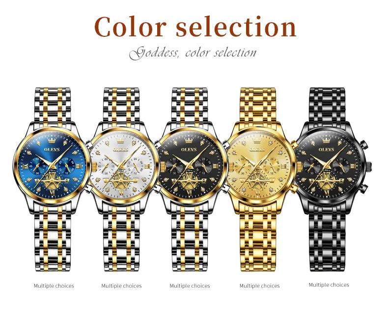 OLEVS Flywheel Skeleton Women Quartz Watch Stainless steel Chronograph Waterproof Luminous Ladies Bracelet Watch for Women Set