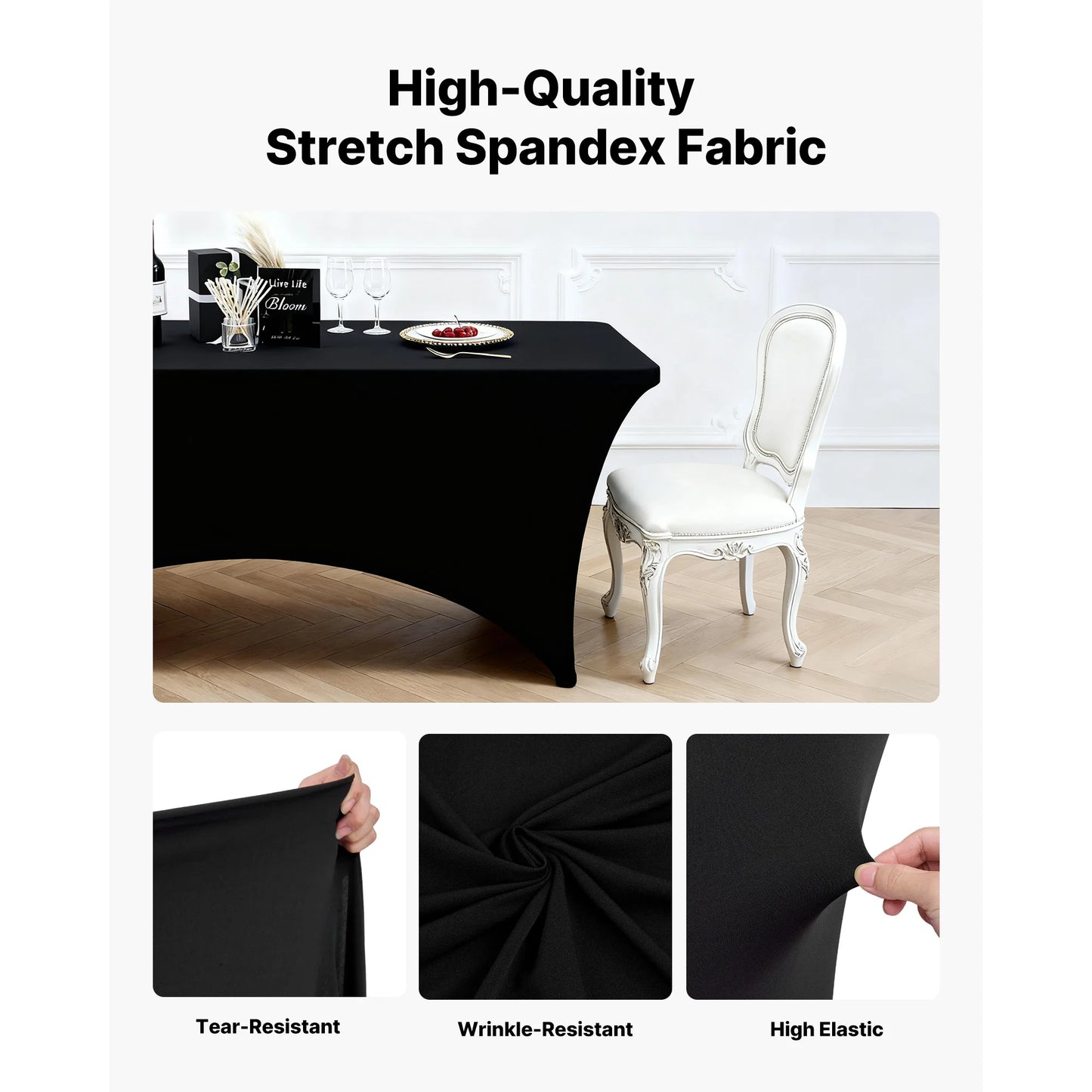 SucceBuy 3/6/10 Pack Table Cloth for Rectangular Fitted Events Wrinkle-Resistant Stretch Black Table Covers Washable Tablecloth