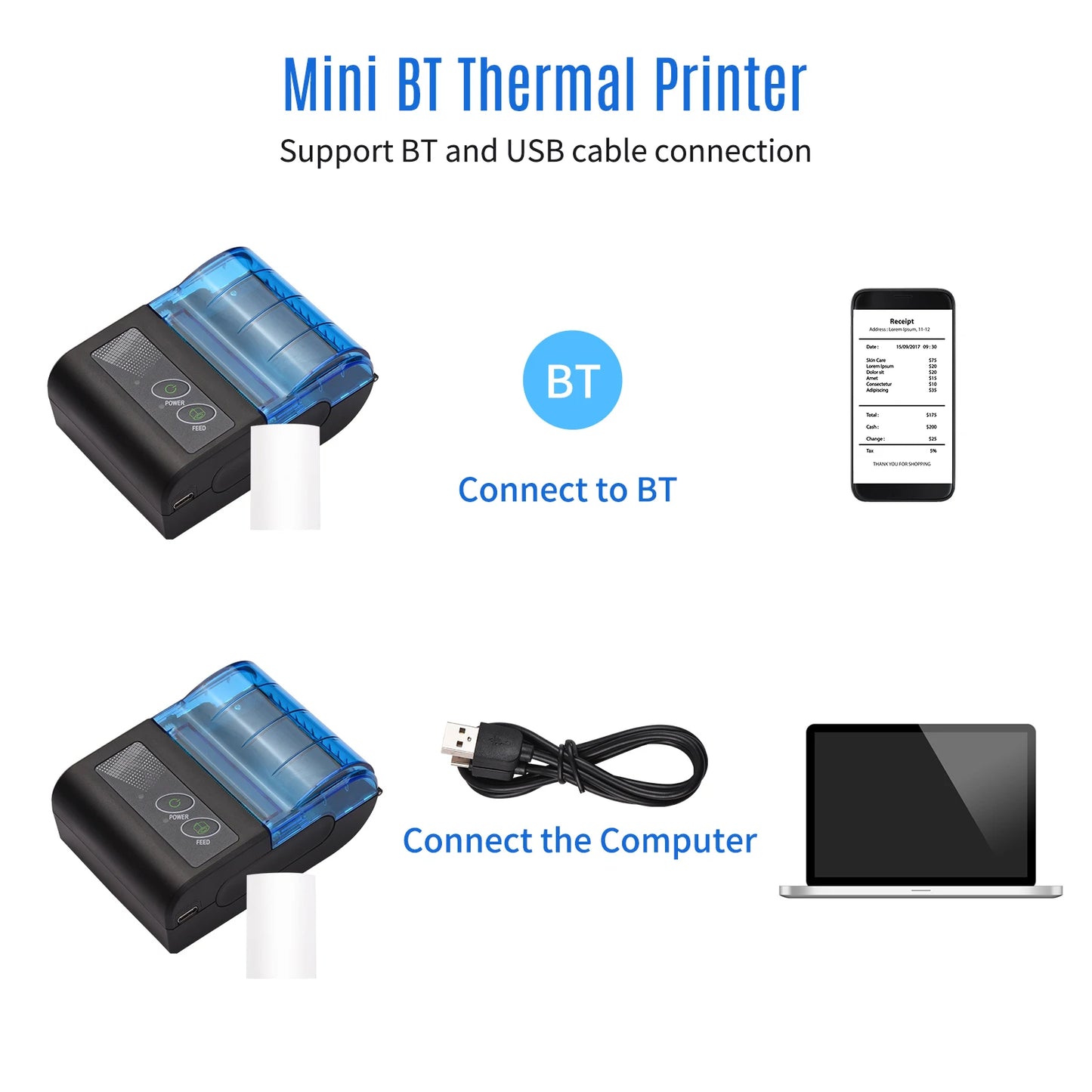 Bisofice Portable Mini Thermal Printer 2 Inch Wireless USB Receipt Bill Ticket Printer with 58mm Print Paper Compatible