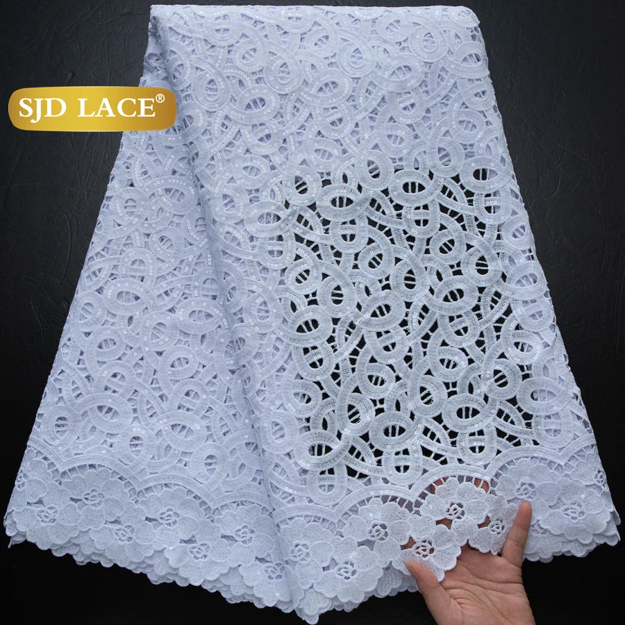 SJD LACE African Sequins Guipure Cord Lace Fabrics 5 Yards White 2026 New Nigerian Water Soluble Lace For Women Dresses Sew 4197