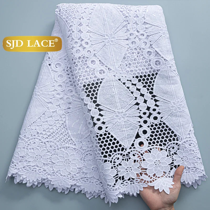 SJD LACE African Sequins Guipure Cord Lace Fabrics 5 Yards White 2026 New Nigerian Water Soluble Lace For Women Dresses Sew 4197