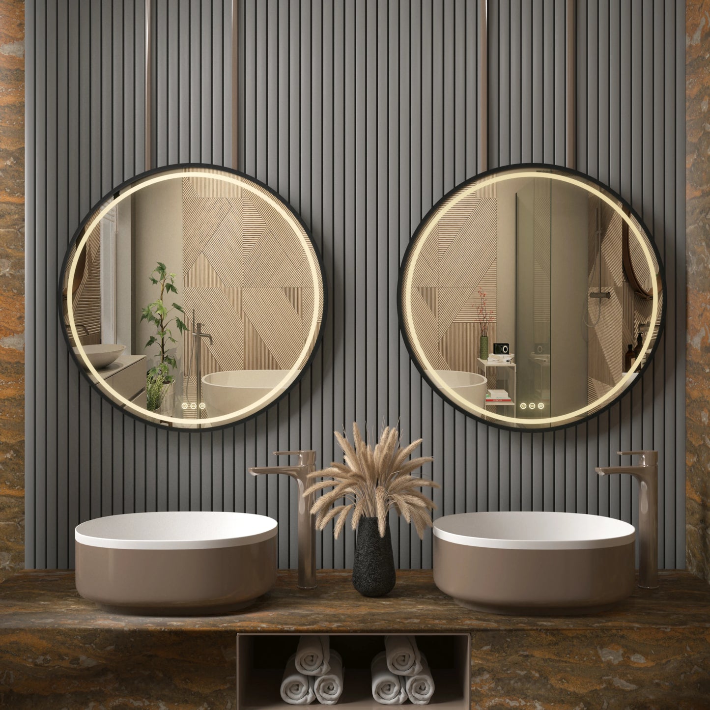 Frame Round Mirror,Round Bathroom Mirror with Light,Wall Mounted Lighted Vanity Mirror, Anti-Fog & Dimmable Touch Switch