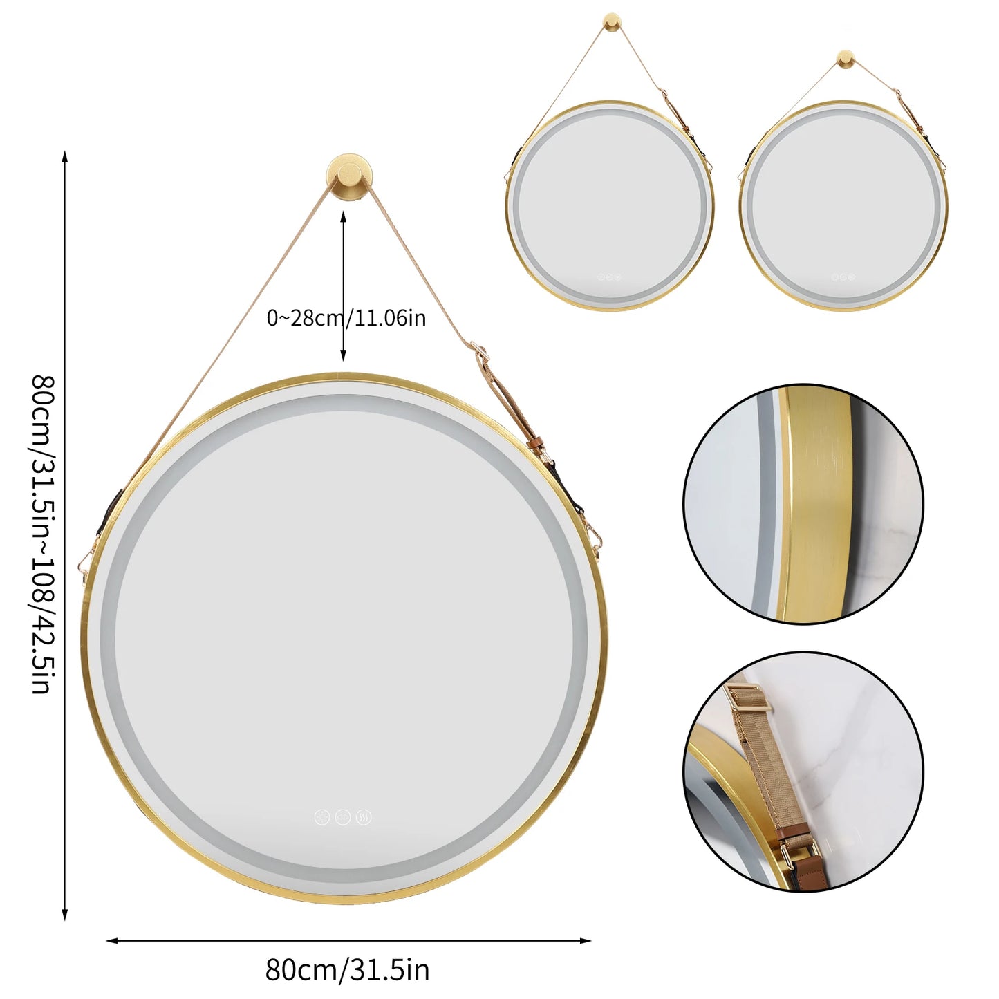 Frame Round Mirror,Round Bathroom Mirror with Light,Wall Mounted Lighted Vanity Mirror, Anti-Fog & Dimmable Touch Switch