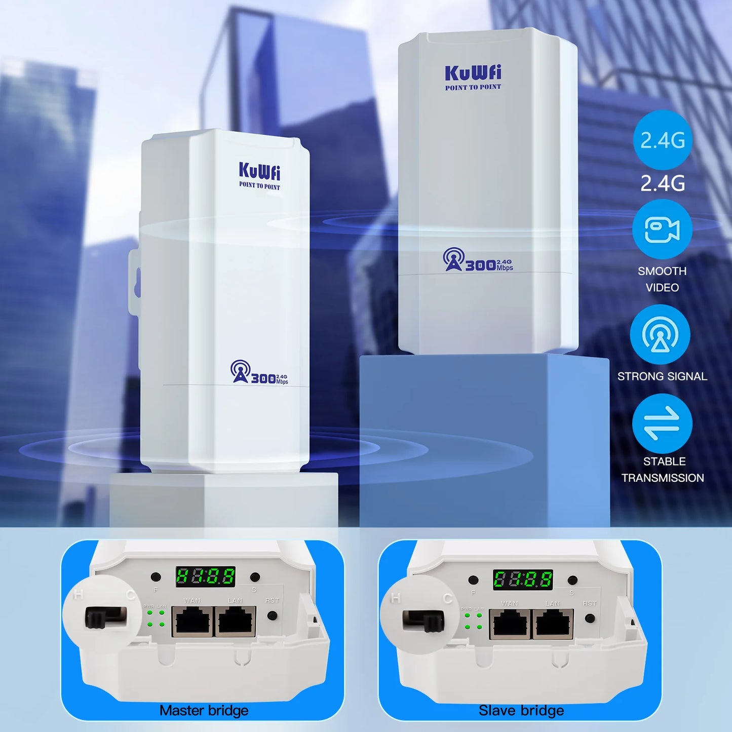 KuWFi 300Mbps Outdoor CPE Bridge 2.4Ghz Wireless Wi-fi Signal PTP PTMP Long Distance Extender AP Repeater Mode IP65 with 24V POE