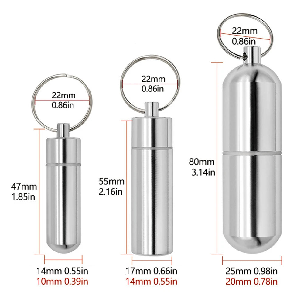 Keychain Pill Box Case Bottle Portable Waterproof Elderly First Aid Pill Case Aluminum Alloy for Outdoor Travel Camping