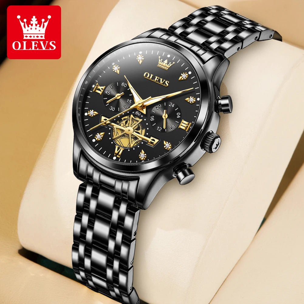 OLEVS Flywheel Skeleton Women Quartz Watch Stainless steel Chronograph Waterproof Luminous Ladies Bracelet Watch for Women Set