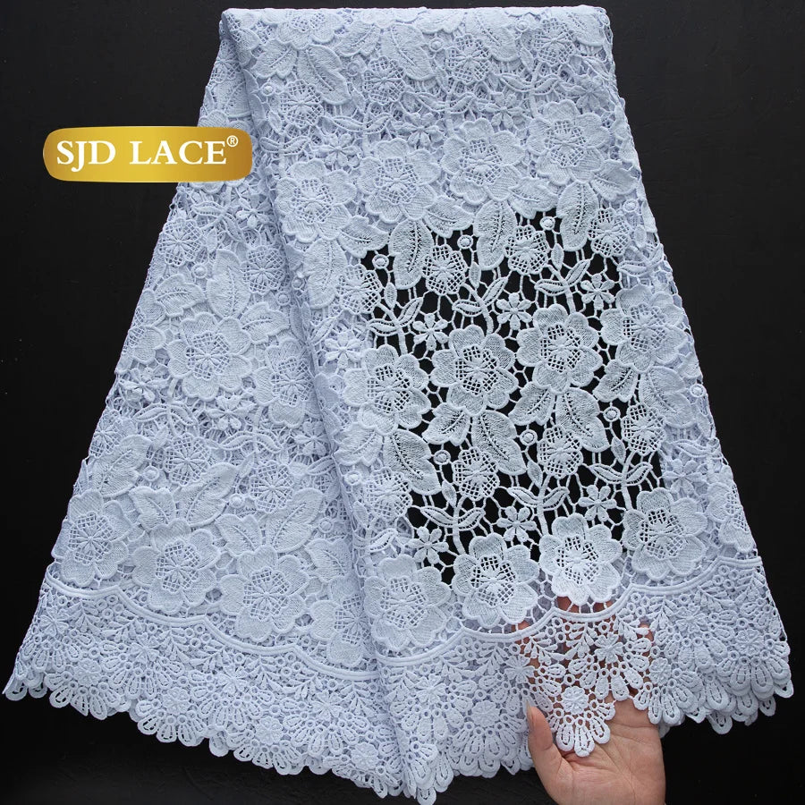 SJD LACE African Sequins Guipure Cord Lace Fabrics 5 Yards White 2026 New Nigerian Water Soluble Lace For Women Dresses Sew 4197