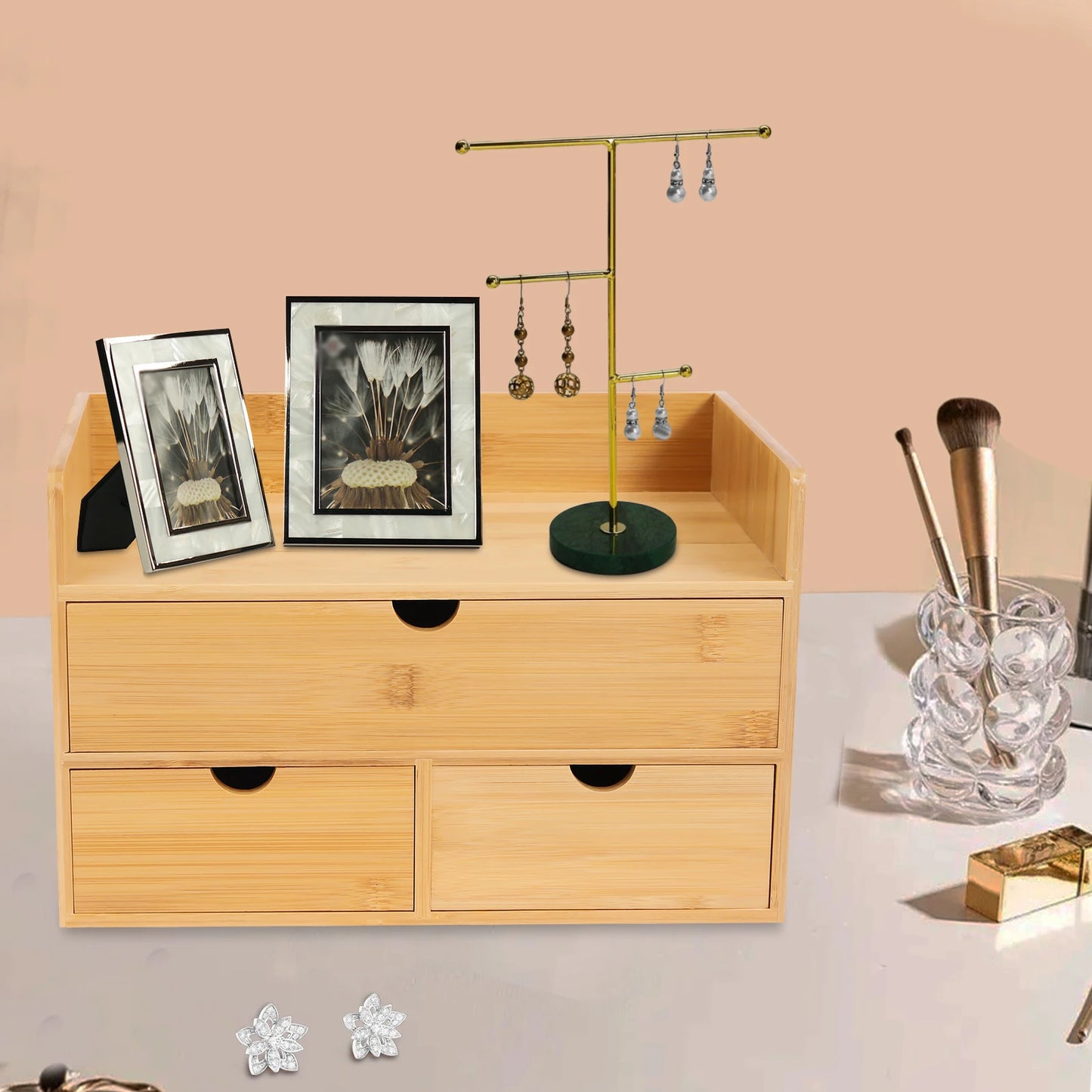 Bamboo Desk Organizer, with 3 Drawers, Tabletop Cosmetic Storage Desk Organizer, Simple Design, Home Office NEW