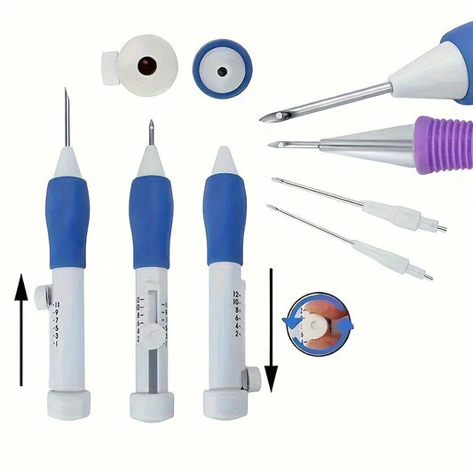 1PC Adjustable Magic Embroidery Pen Set with 3 Needles, Threader, Scissors, and Ergonomic Fabric Craft Design for DIY Sewing