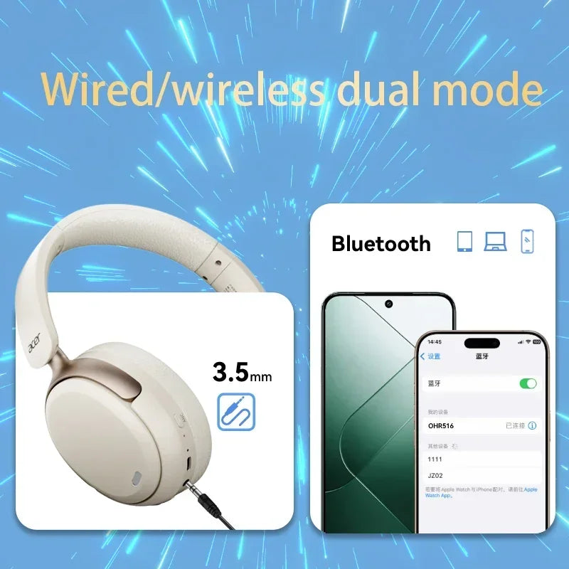 Acer OHR516 ANC Wireless Bluetooth 5.4 Headphones 48dB ANC Headsets 40mm Dynamic Driver 100H Playtime with LDAC Earphones