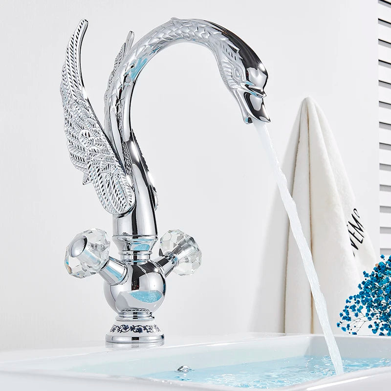 Brass Gold Black Swan Basin Faucet Deck Mounted Bathroom Faucet Hot and Cold Water Mixer Tap Bath Water Faucet Basin Faucet Taps