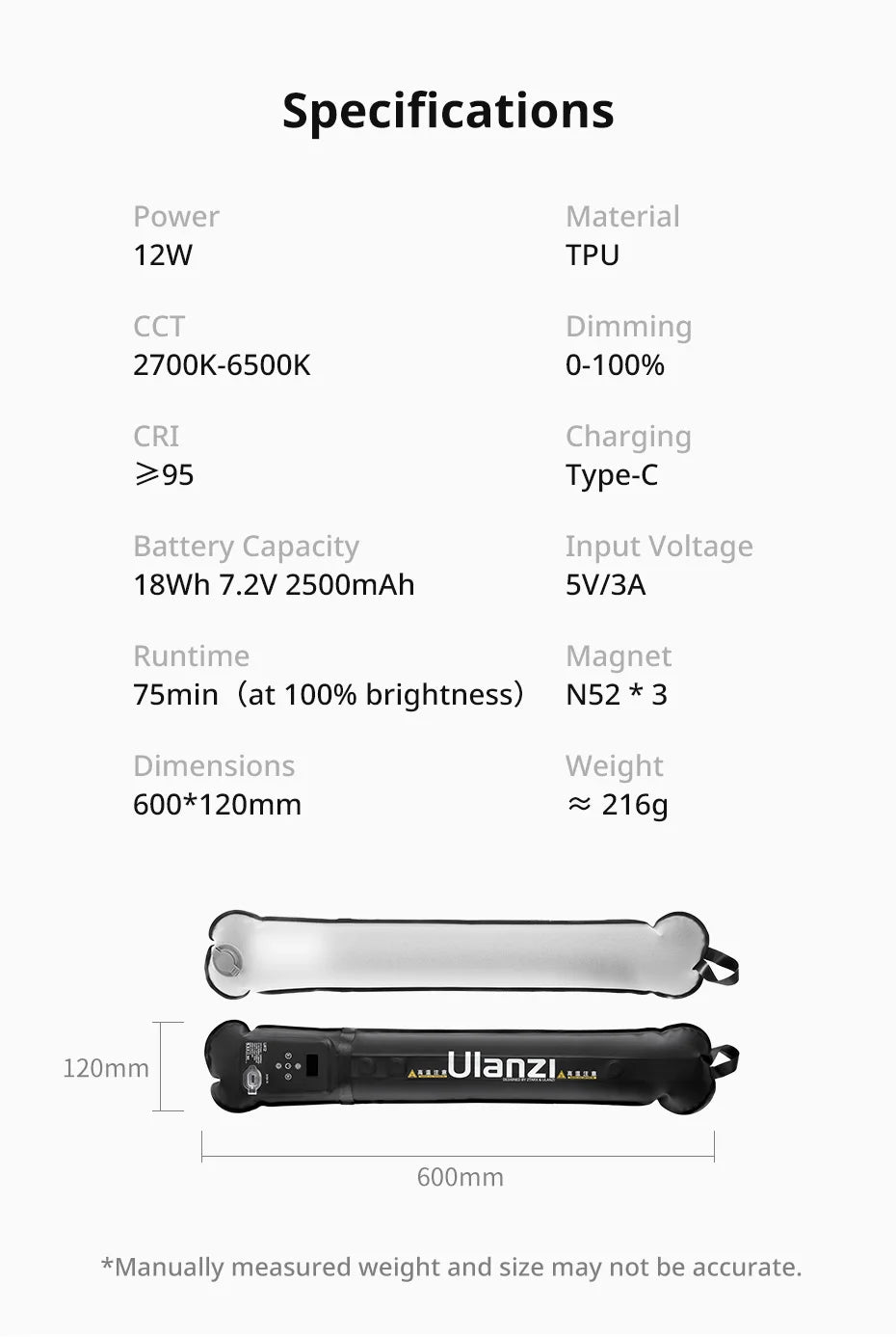 Ulanzi UA12 12W Inflatable Air Tube Light 2700K-6500K Bi-Color Light Wand Pocket Light Stick with Magnetic Mount for Livestream