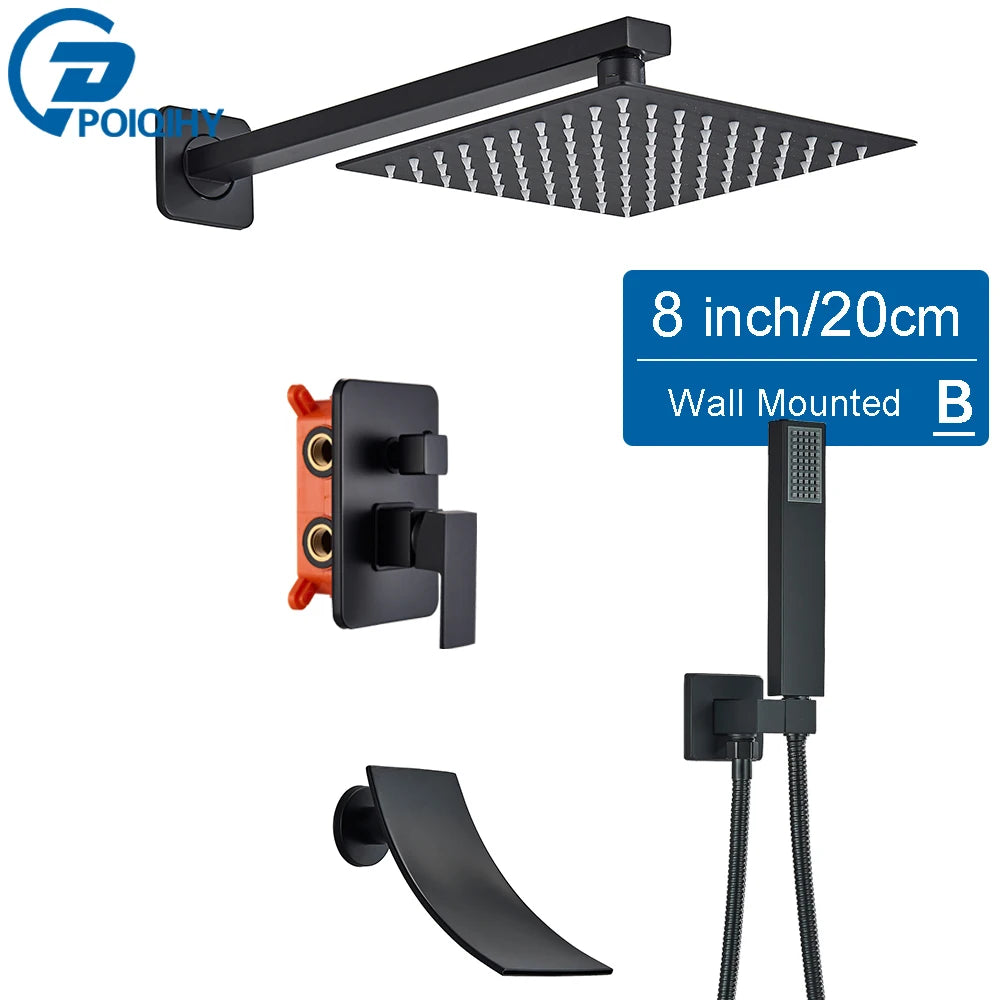 POIQIHY Embedded In Wall Shower Faucet Rainfall Stainless Steel 8/10/12/16" Shower Head Faucet Shower Tap Mixers Matte Black
