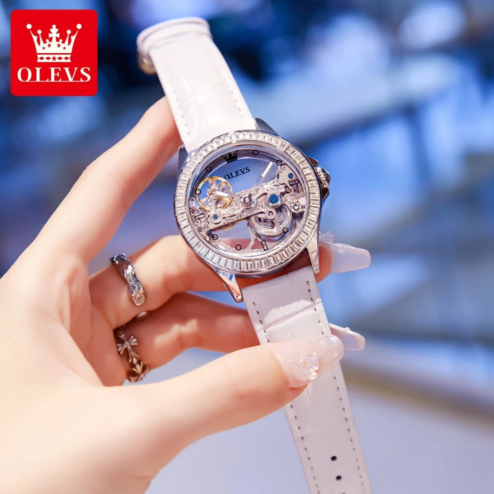 OLEVS 6699 Fully Hollowed Mechanical Watch for Women Luxury Elegant Diamond Bezel Ladies Wristwatch Top Automatic Women's Watch