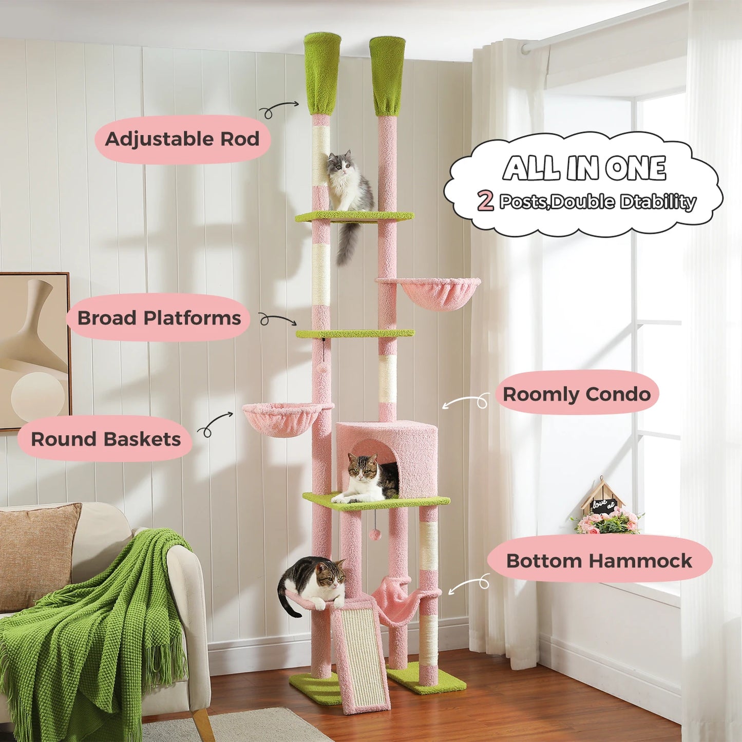 Cactus Cat Tree Floor to Ceiling Cat Tower 7 Tiers Cat Climbing Tree with Cozy Hammocks and Condos 5 Platforms Scratching Posts