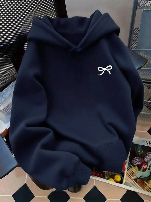 Navy Blue Oversized Hoodie with White Bow Embroidery for Women