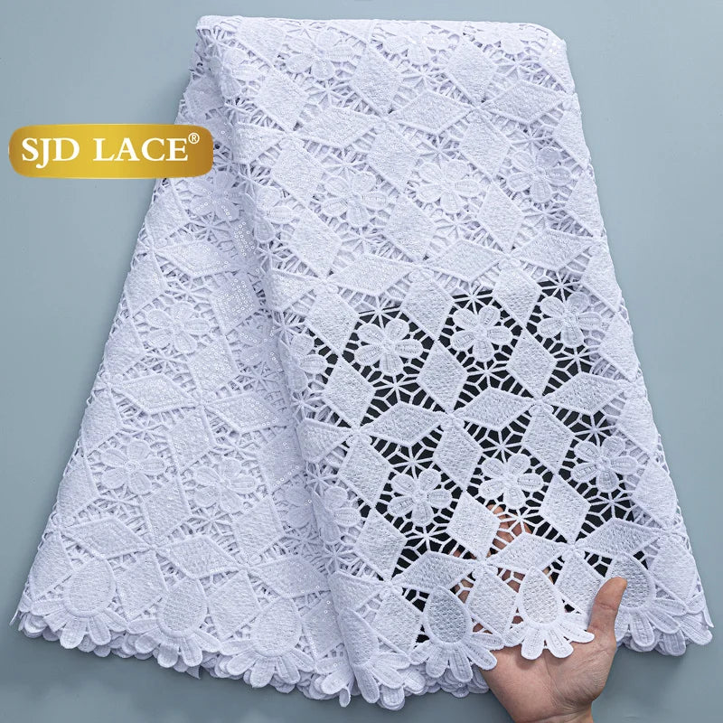 SJD LACE African Sequins Guipure Cord Lace Fabrics 5 Yards White 2026 New Nigerian Water Soluble Lace For Women Dresses Sew 4197