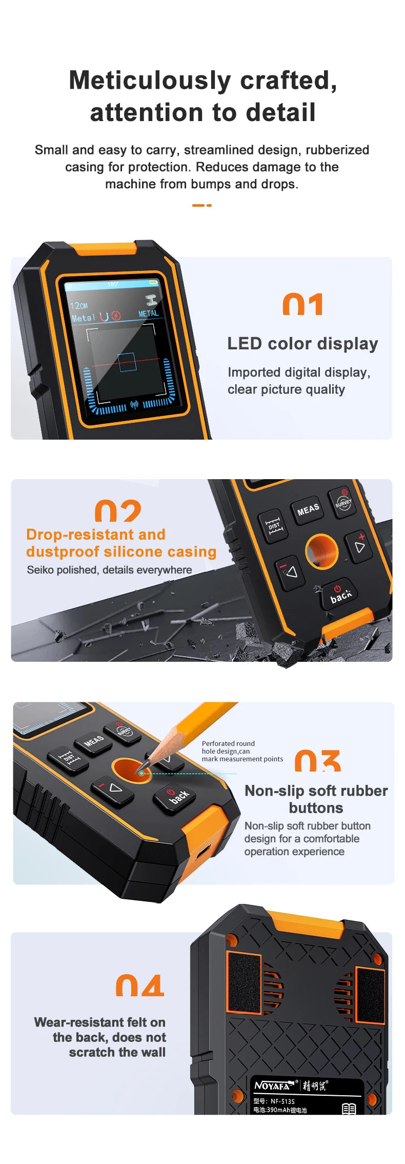 Noyafa Nf-513S Metal Detector Wire Finder for Detecting Underground Cables Cable Metal AC Wood in Walls Cable Tracker Tools
