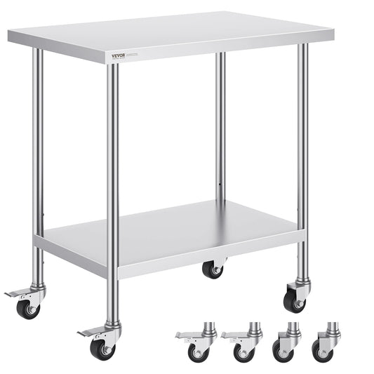 VEVOR Stainless Steel Work Prep Table with 4 Wheels 3 Adjustable Height Levels Heavy Duty Food Prep Worktable for Hotel Home